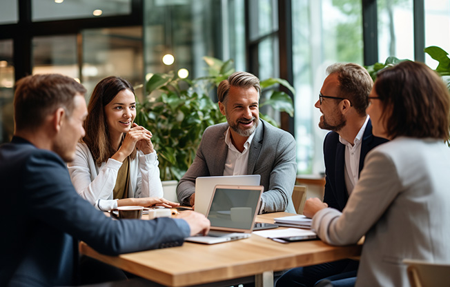 A diverse group of professionals collaborating in a business meeting, embracing different perspectives Generative AI